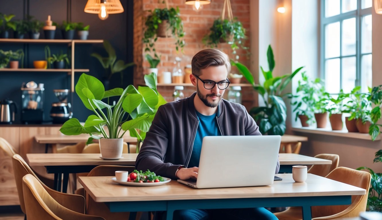 A digital nomad working on a laptop in a cozy cafe with plants and healthy food in Vilnius, Lithuania