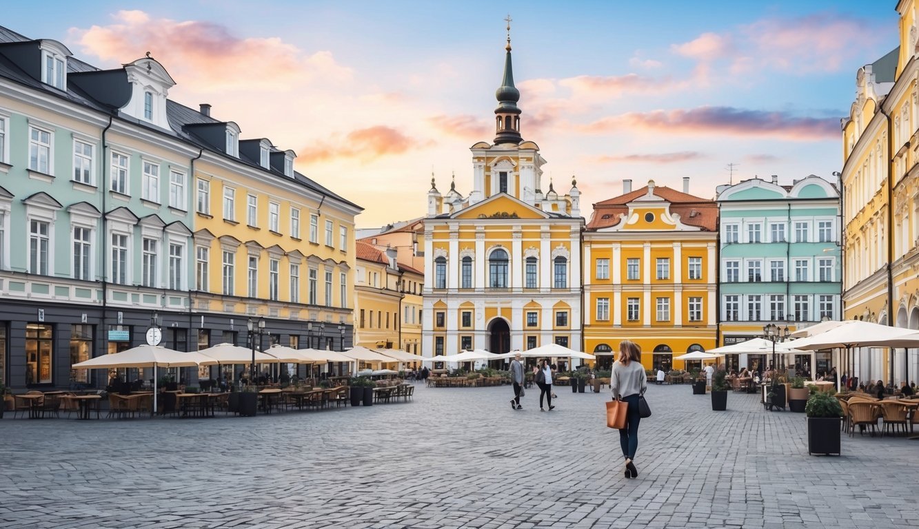 A bustling city square in Vilnius, with a mix of historic and modern buildings, surrounded by cafes and co-working spaces