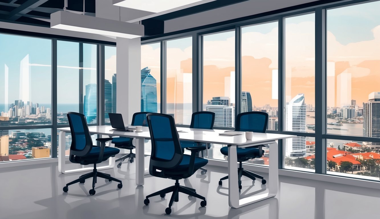 A modern co-working space in Panama City, with sleek desks, ergonomic chairs, and large windows overlooking the city skyline