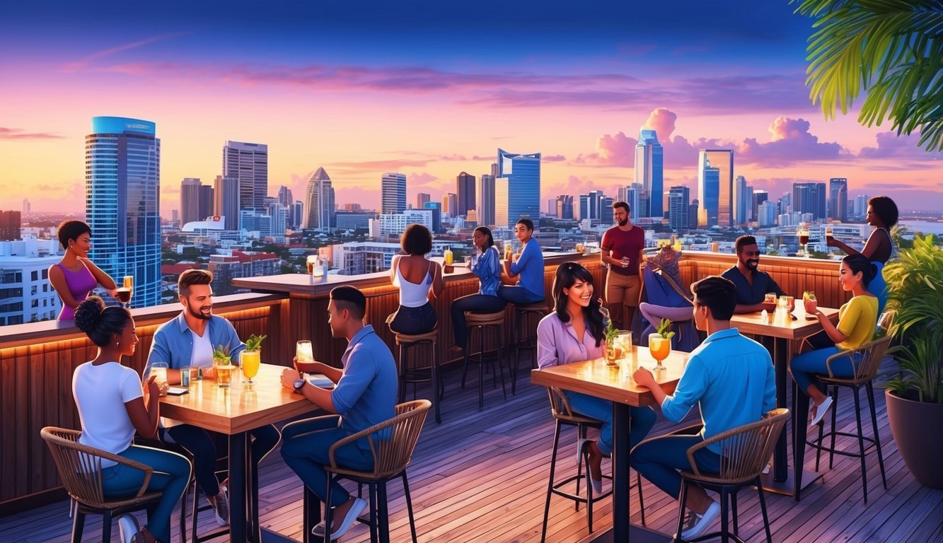 A bustling rooftop bar in Panama City at sunset, with a view of the city skyline and digital nomads mingling over drinks