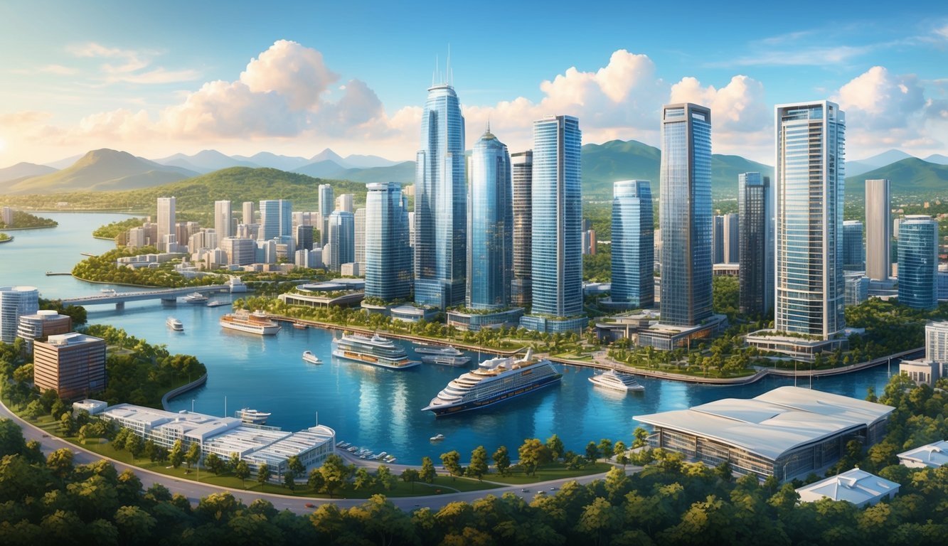 A bustling cityscape with modern skyscrapers and a waterfront, surrounded by lush greenery and mountains in the distance