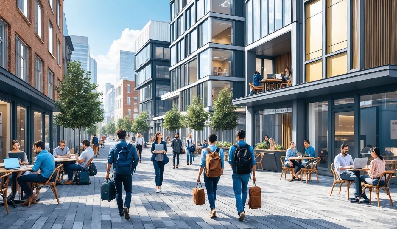 A bustling city street with modern buildings, cafes, and co-working spaces.</p><p>People with laptops and backpacks walk by, while others sit at outdoor tables