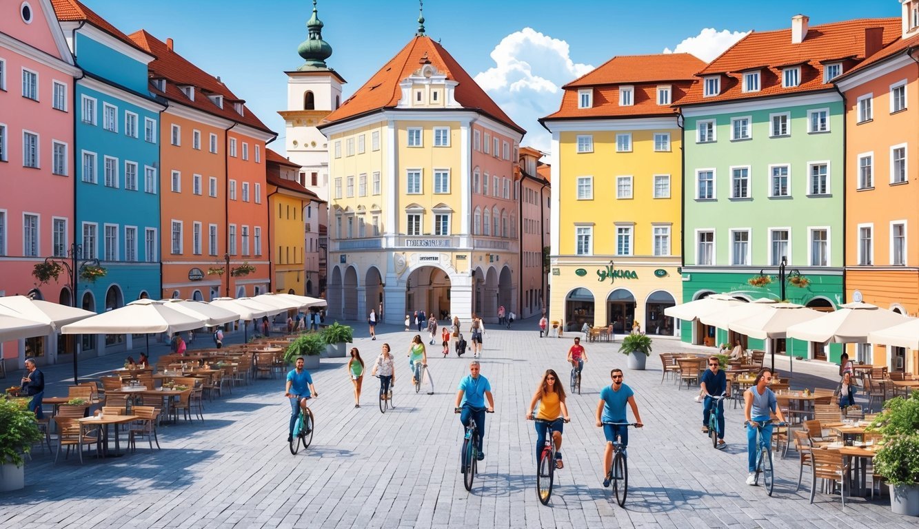 A bustling city square in Ljubljana, with colorful buildings, outdoor cafes, and people walking and biking around