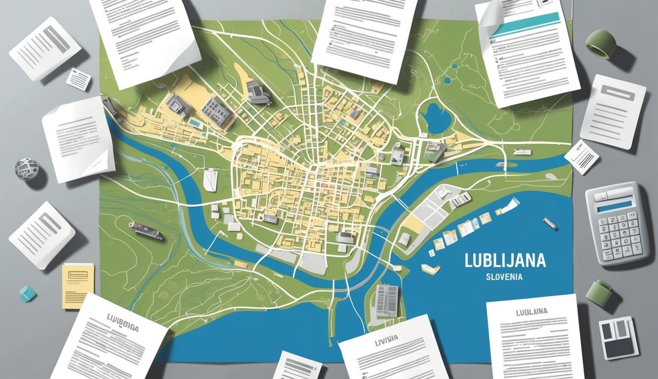 An artistically designed map of Ljubljana, Slovenia, with various legal documents and paperwork scattered around, symbolizing the complexities of navigating legalities for digital nomads