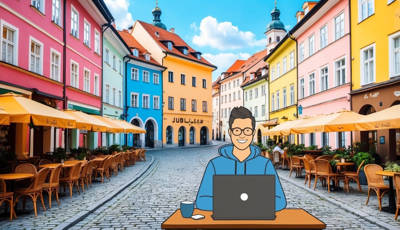 A digital nomad working on a laptop at a cozy cafe in Ljubljana, surrounded by charming cobblestone streets and colorful buildings