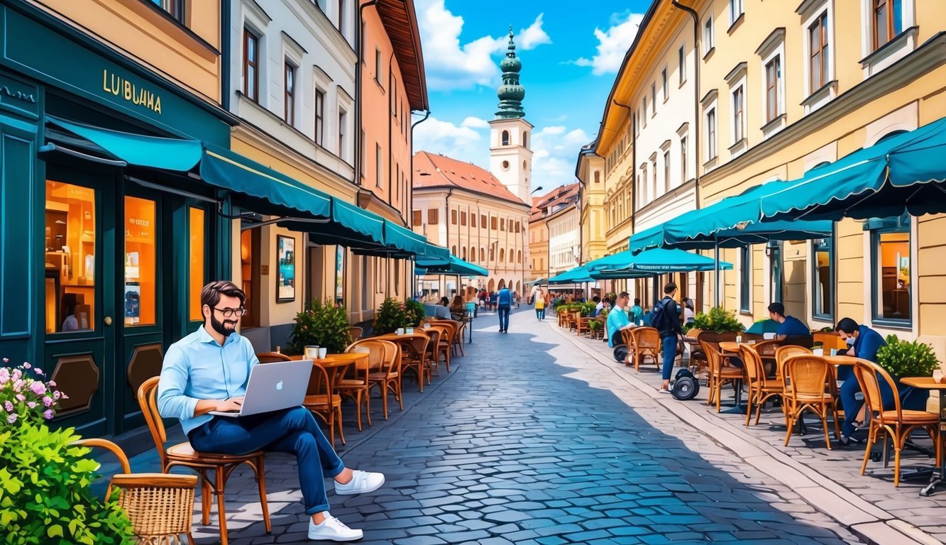 A bustling street in Ljubljana, Slovenia with a digital nomad working on a laptop at a cozy cafe, surrounded by historic architecture and vibrant city life