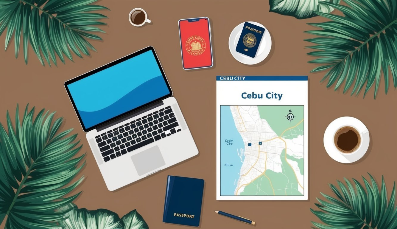 A laptop, smartphone, and passport on a desk with a map of Cebu City and a cup of coffee, surrounded by tropical plants