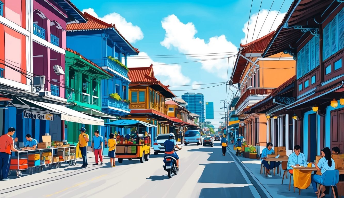A bustling street in Cebu City, with colorful buildings, street vendors, and modern co-working spaces nestled among traditional architecture