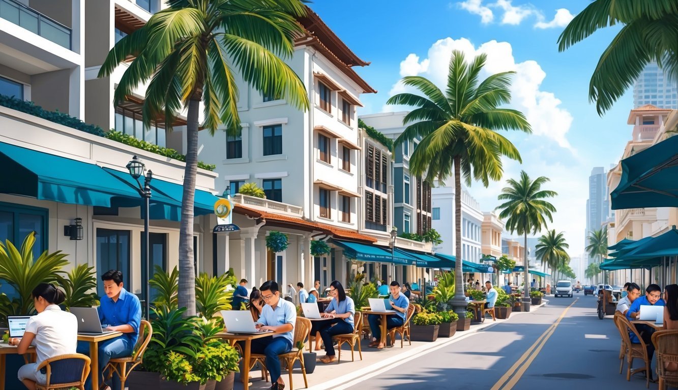 A bustling street in Cebu City, with modern buildings and traditional architecture, surrounded by palm trees and filled with people working on laptops at outdoor cafes