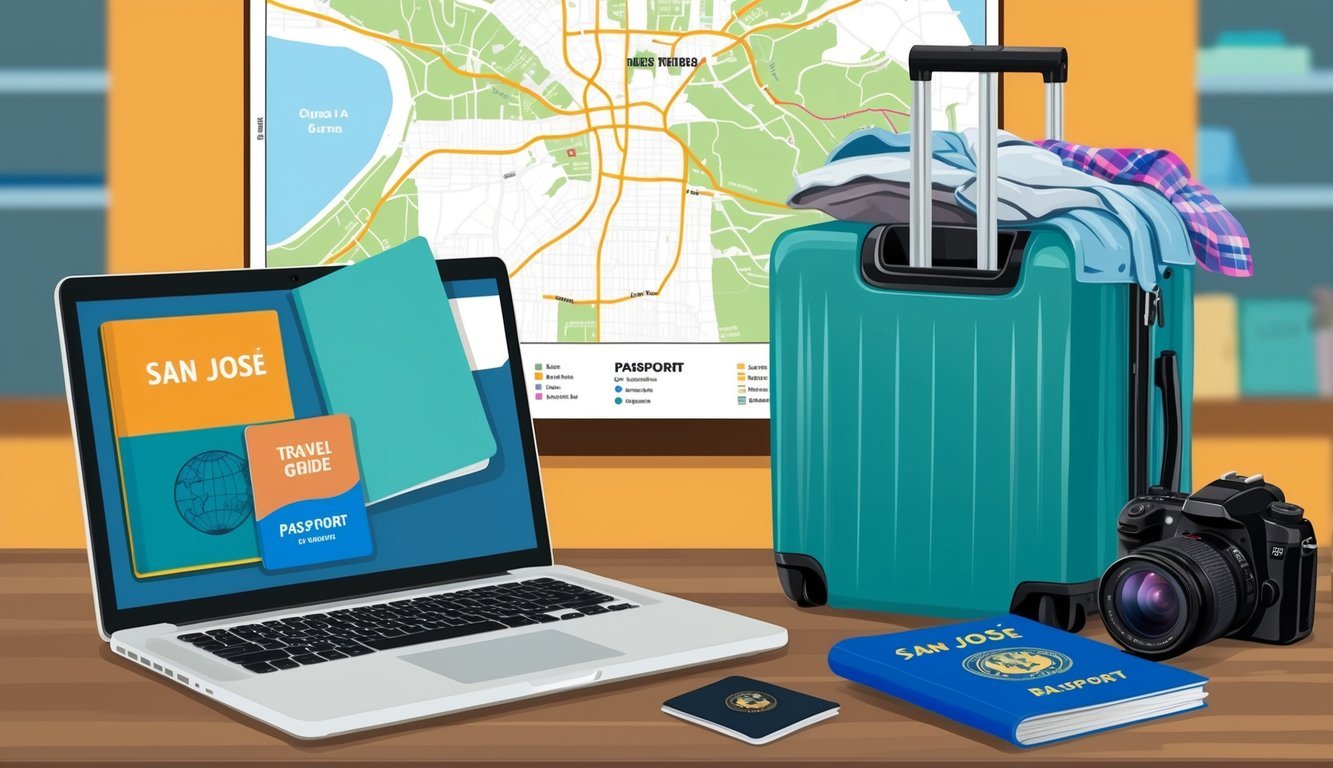A laptop, passport, and travel guide lay on a table with a map of San José in the background.</p><p>A suitcase is partially packed with clothes and a camera