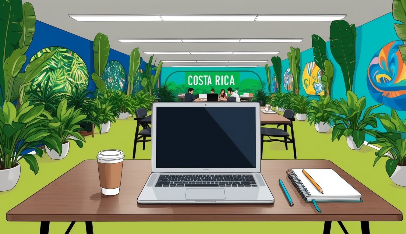 A laptop, notebook, and coffee on a table in a vibrant coworking space in San José, Costa Rica, surrounded by lush greenery and colorful murals