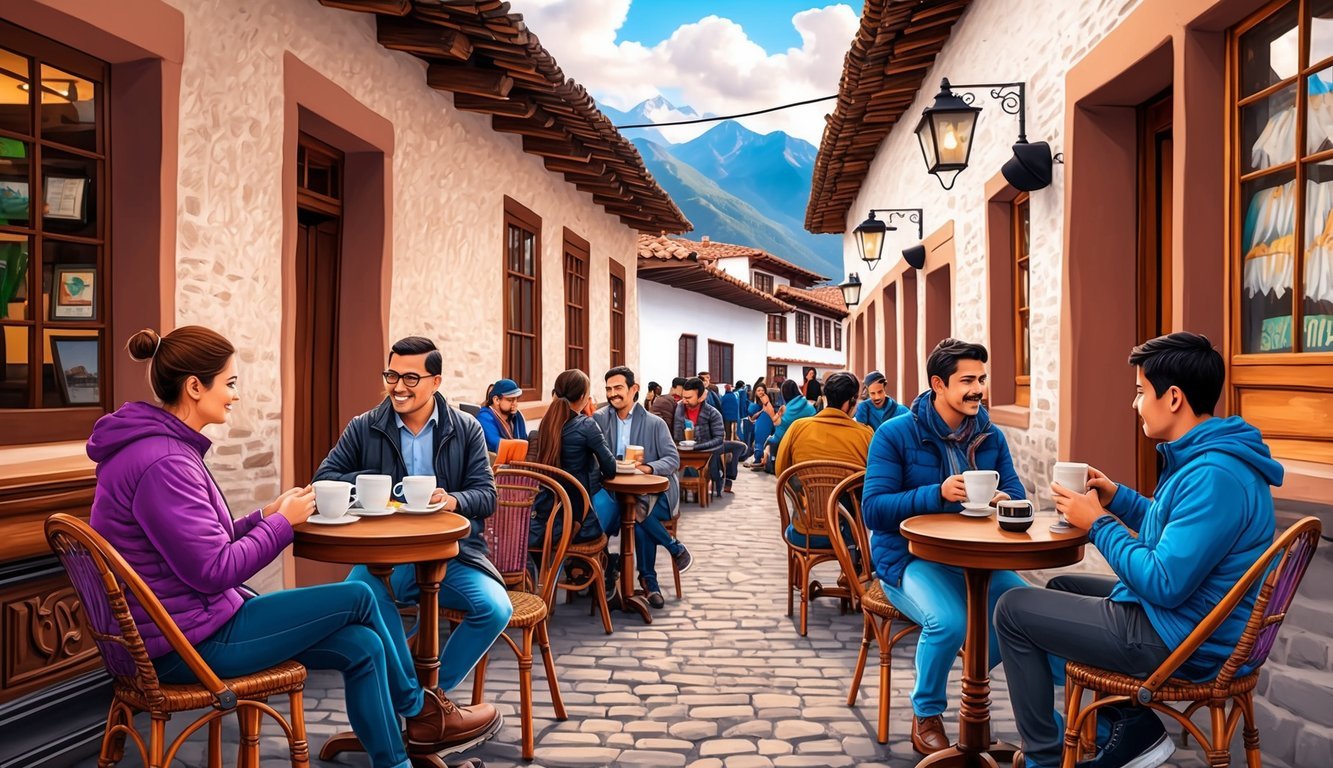 A cozy cafe in Cusco's historic center, with locals and digital nomads mingling over cups of rich Peruvian coffee