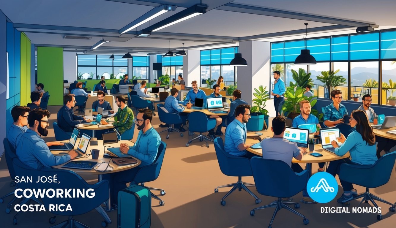 A bustling coworking space in San José, Costa Rica, filled with modern tech essentials and a strong sense of connectivity among digital nomads