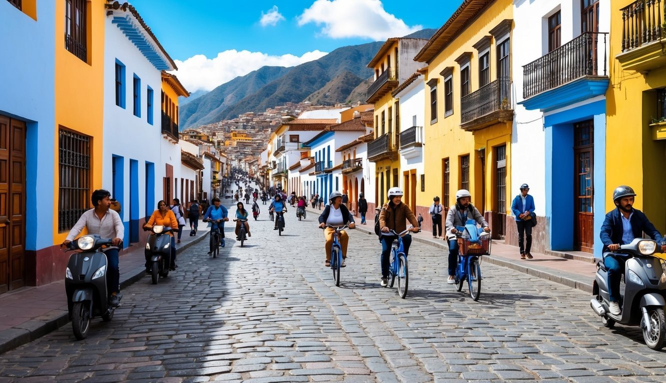A bustling street in Cusco, Peru, with colorful buildings, cobblestone streets, and locals and tourists navigating the city on foot, bicycles, and scooters