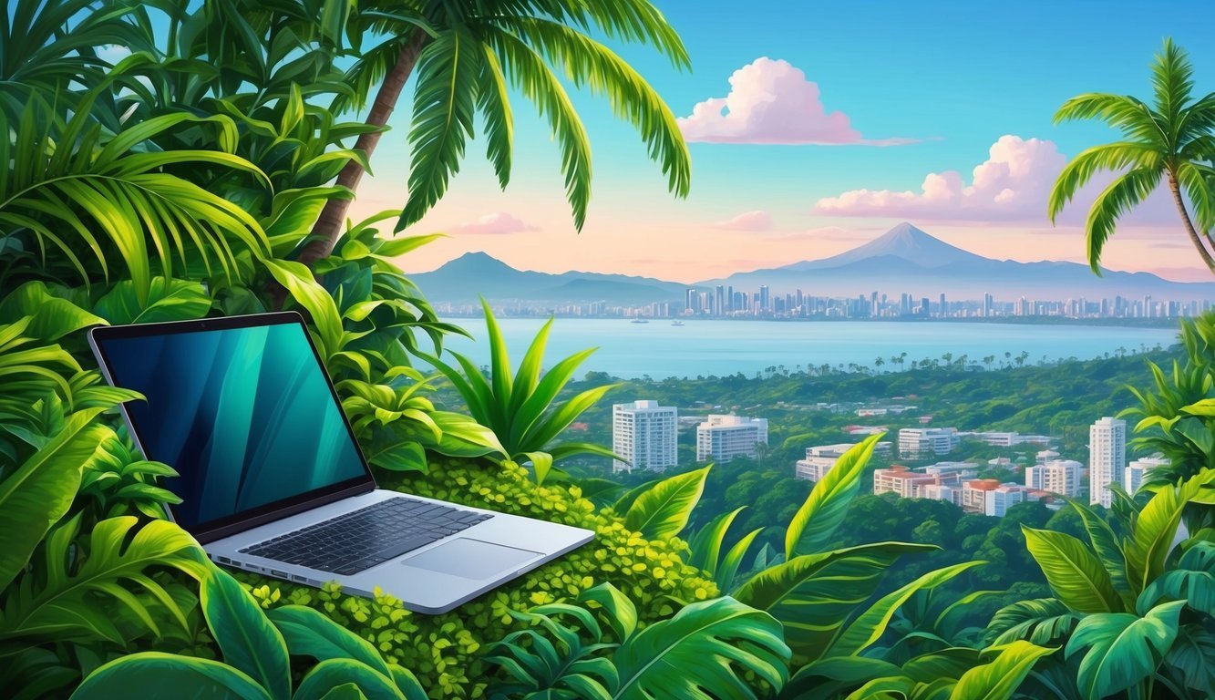 A lush tropical landscape with a laptop nestled among vibrant greenery, overlooking a serene cityscape and distant mountains in San José, Costa Rica