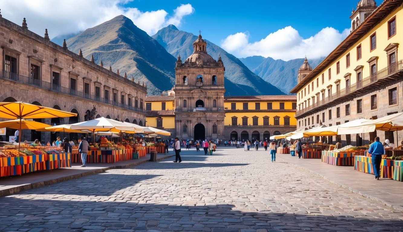 A bustling plaza in Cusco, Peru, with colorful market stalls, cobblestone streets, and historic architecture, surrounded by the majestic Andes mountains