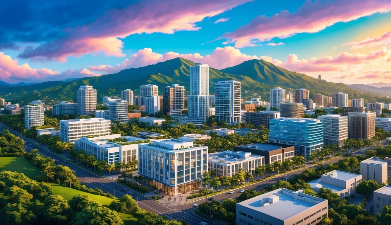 A bustling cityscape with modern buildings and lush greenery, surrounded by mountains and a vibrant sky in San José, Costa Rica