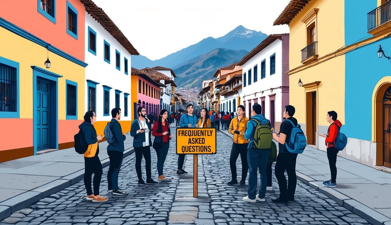 A bustling street in Cusco, Peru, with colorful buildings and cobblestone roads.</p><p>A group of digital nomads gather around a sign marked "Frequently Asked Questions."