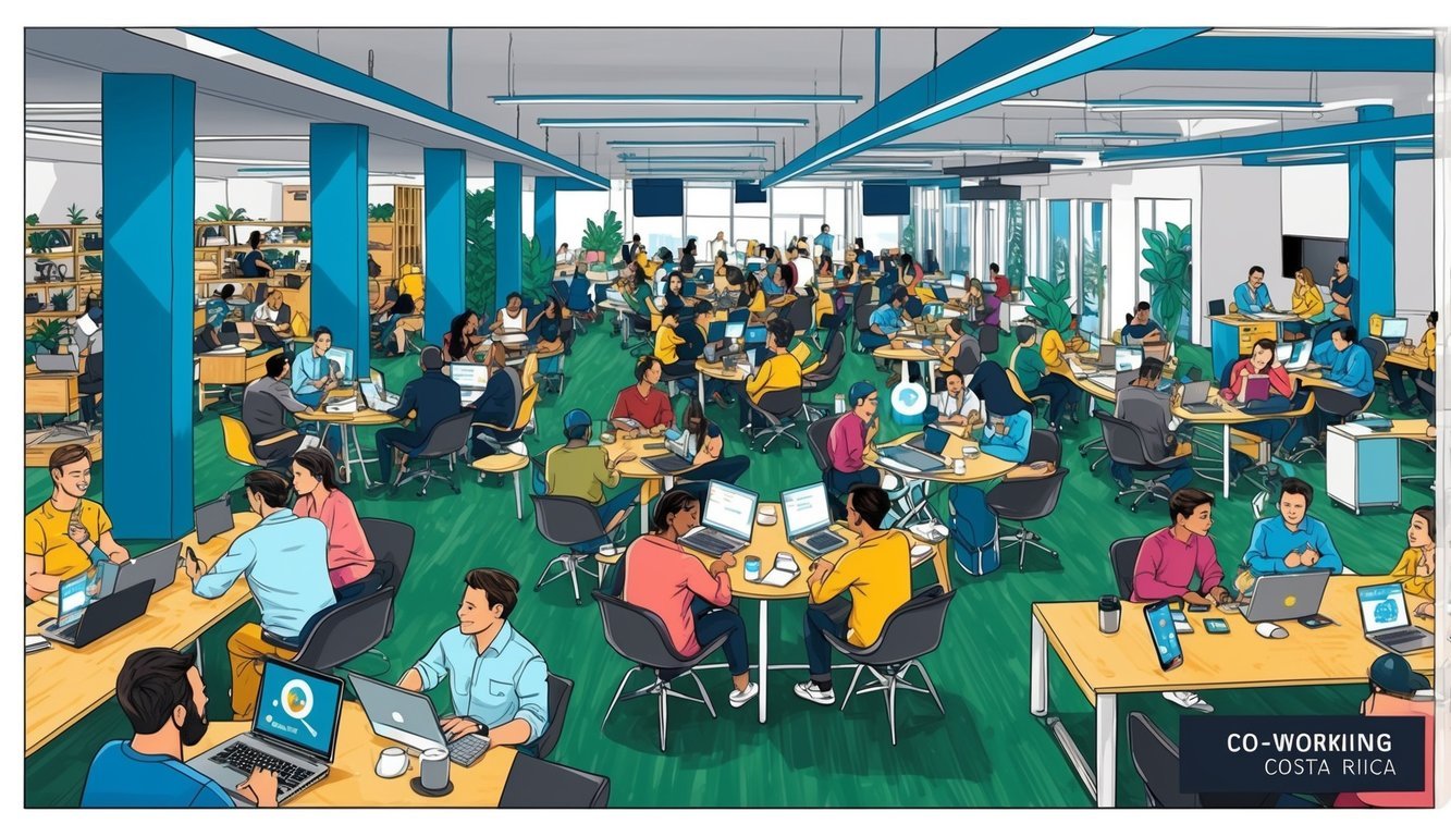 A bustling co-working space in San José, Costa Rica, filled with digital nomads networking and collaborating in a vibrant, social atmosphere