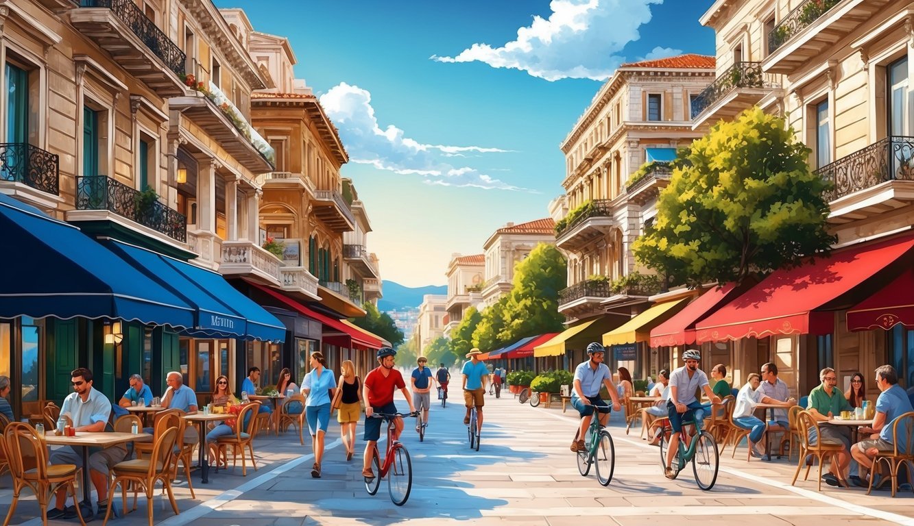 A bustling street in Athens, with historic buildings, vibrant cafes, and people walking and biking around