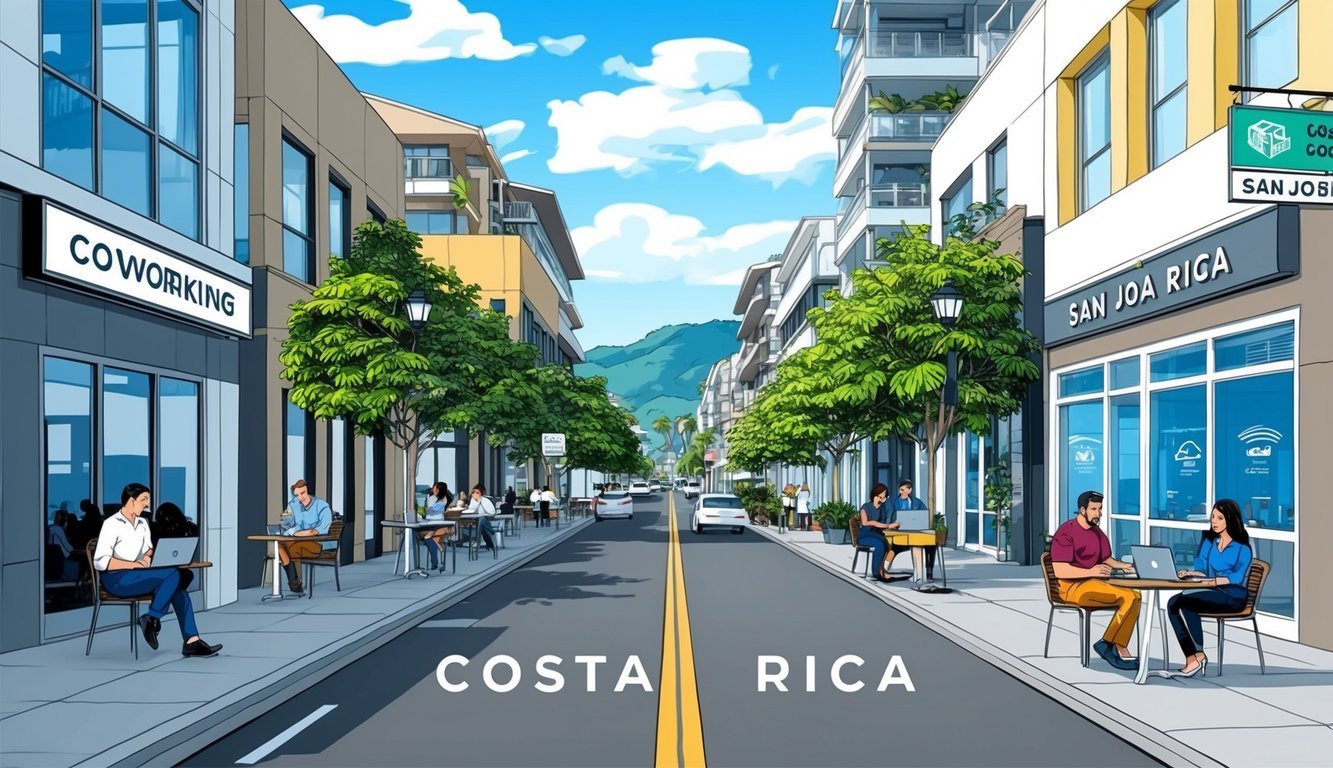 A bustling street in San José, Costa Rica, with modern buildings and signs for coworking spaces and cafes.</p><p>People with laptops are seen working outdoors