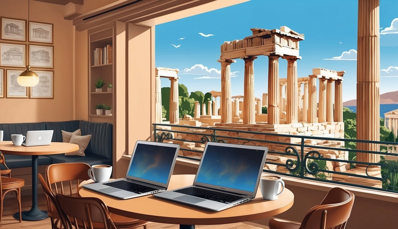 A cozy cafe in Athens with laptops, coffee, and a view of ancient ruins