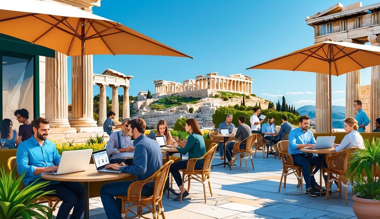 A bustling café in Athens with people working on laptops, surrounded by ancient ruins and a view of the Acropolis against a clear blue sky