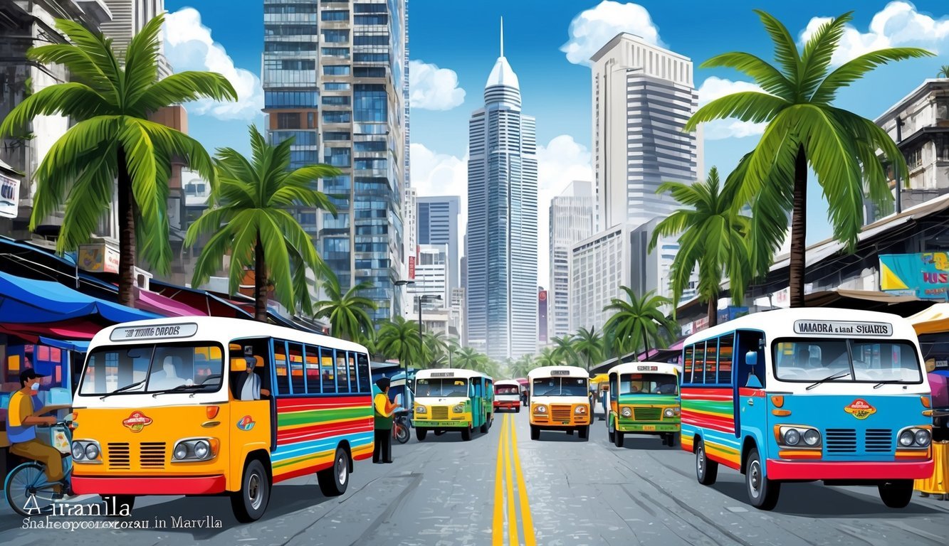 A bustling street in Manila, with colorful jeepneys and street vendors, framed by towering skyscrapers and palm trees