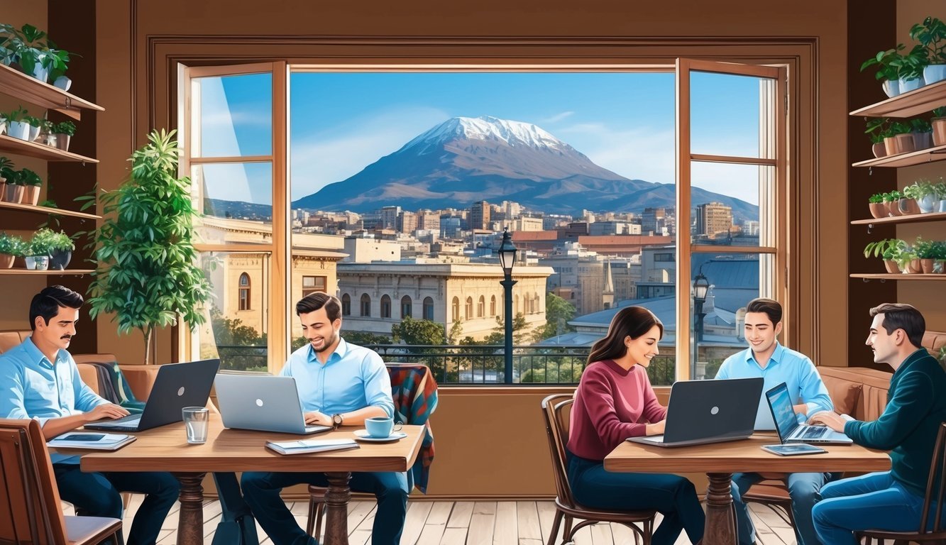 A cozy cafe in Yerevan, Armenia, filled with laptops and people working.</p><p>The city’s iconic Mount Ararat is visible through the window