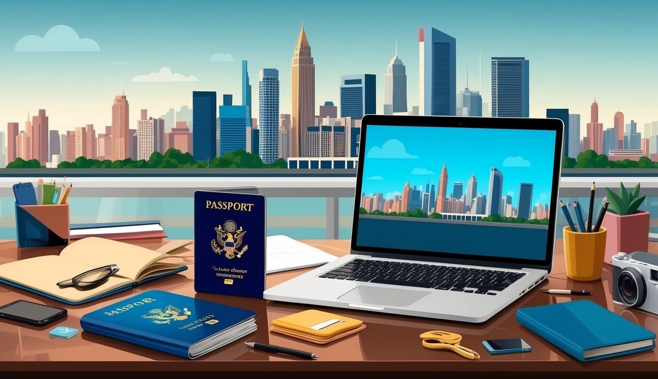 A laptop, camera, and passport on a cluttered desk with a city skyline in the background