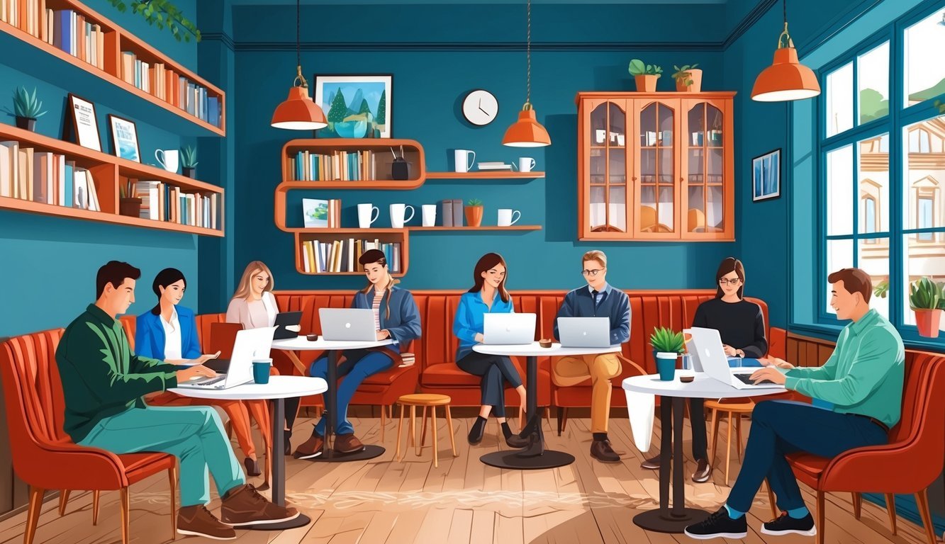 A cozy cafe in Yerevan, Armenia, filled with laptops, coffee cups, and people working independently