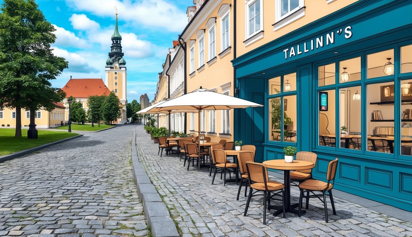 A cozy cafe in Tallinn's old town, with modern decor and high-speed internet.</p><p>Outside, cobblestone streets lead to historic landmarks and green parks