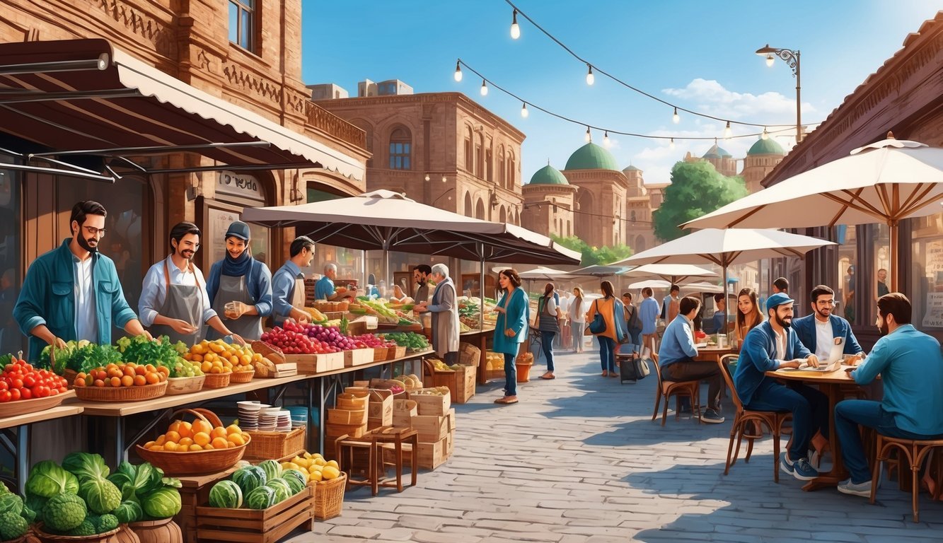 A bustling outdoor market in Yerevan, with vendors selling local produce and crafts while digital nomads gather at a nearby café