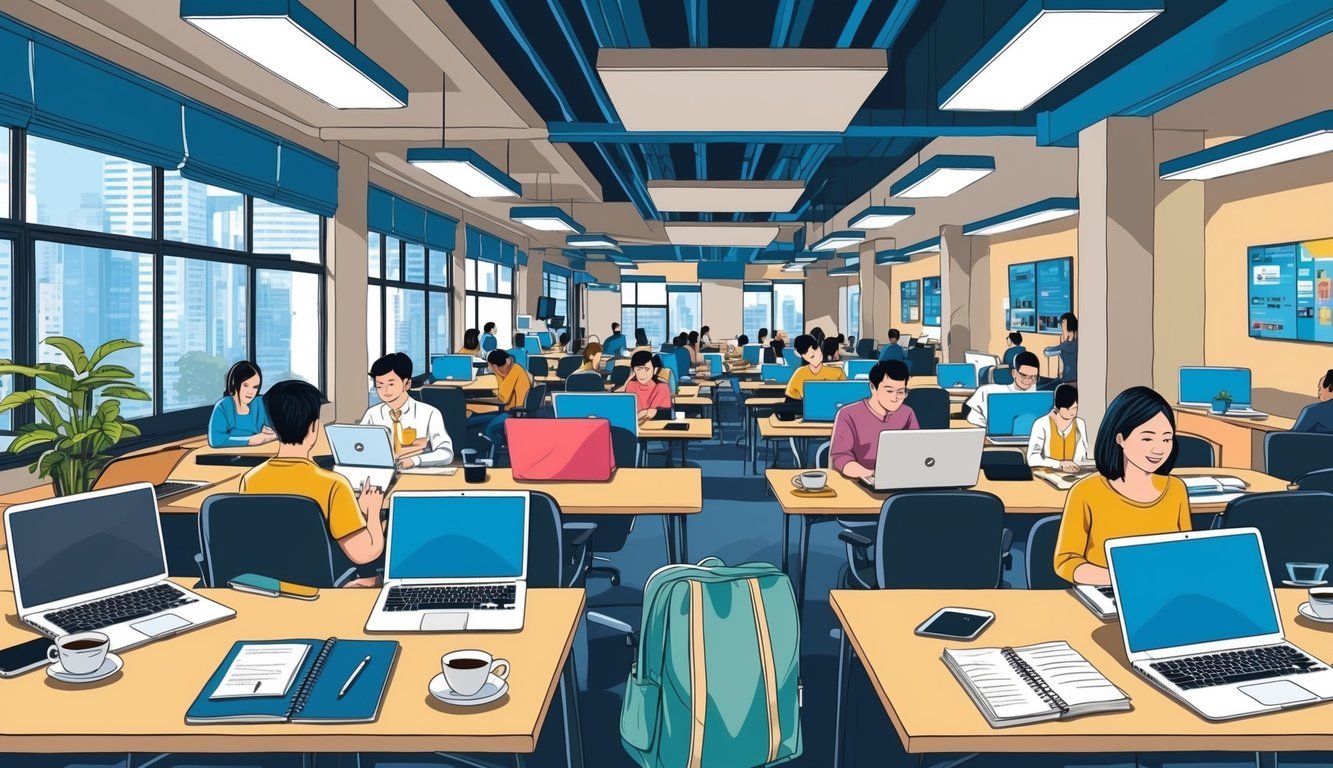 A bustling co-working space in Manila, filled with laptops, notebooks, and coffee cups.</p><p>The room is alive with the sound of typing and the hum of productivity