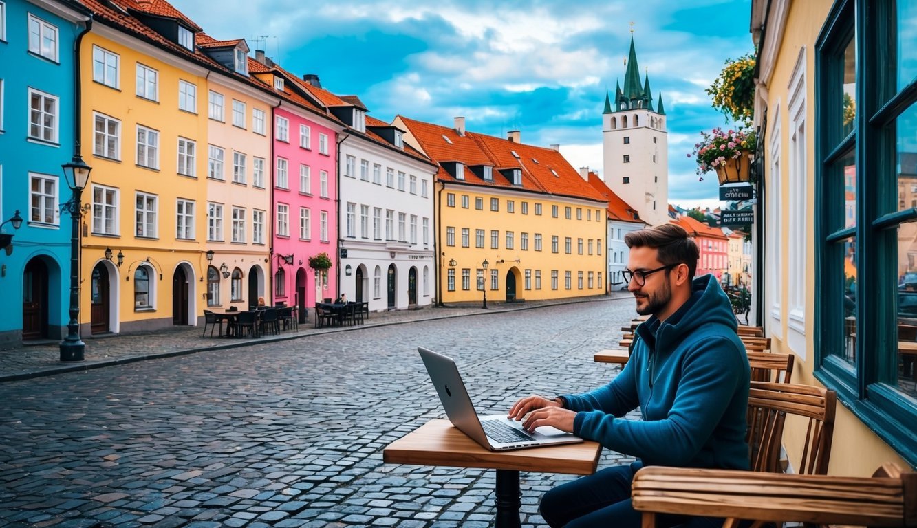 A digital nomad working on a laptop at a cozy café in Tallinn, Estonia, surrounded by cobblestone streets, colorful buildings, and the city's medieval architecture