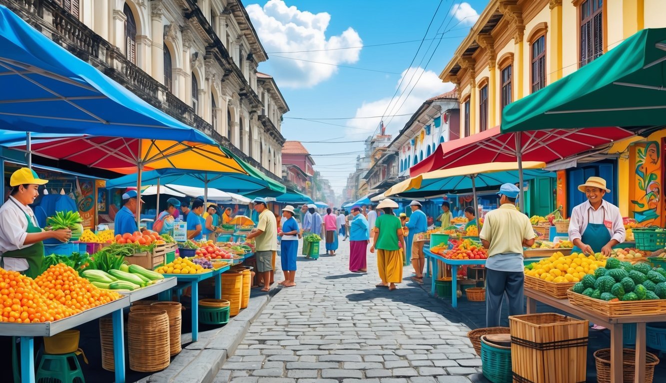 A bustling street market in Manila, with colorful stalls and vendors selling local produce and handicrafts, surrounded by vibrant street art and colonial architecture