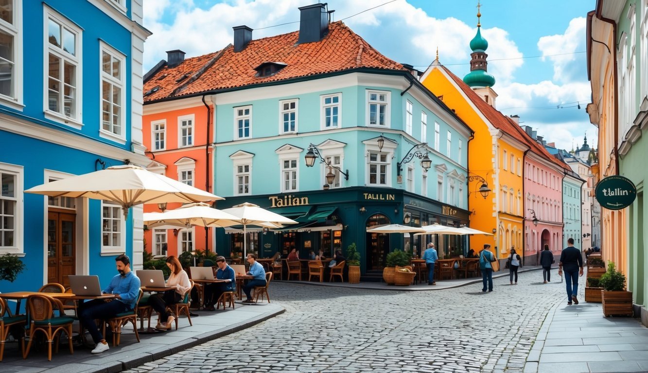 A cozy cafe with people working on laptops, surrounded by colorful buildings and cobblestone streets in the old town of Tallinn, Estonia