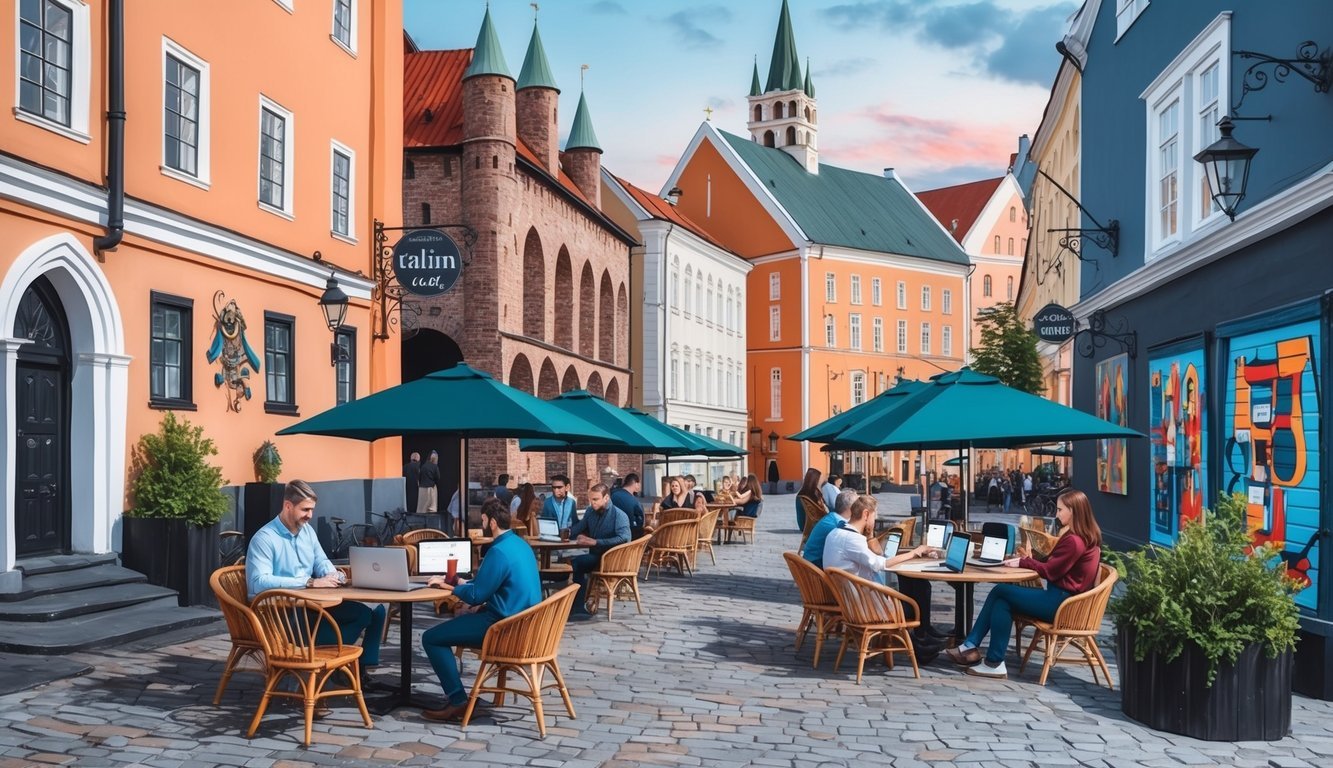 A cozy cafe in Tallinn, with people working on laptops, surrounded by medieval architecture and modern street art