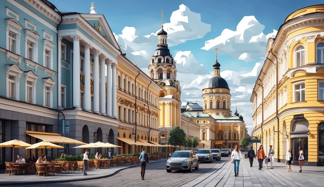 A bustling urban scene in Kyiv, Ukraine, with modern co-working spaces, cafes, and historic architecture