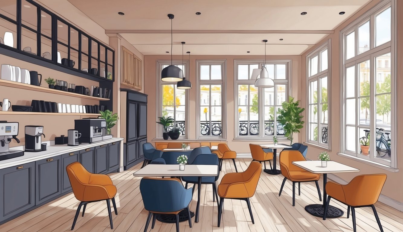 A cozy coffee shop in Lviv with modern decor, high-speed wifi, and plenty of natural light streaming in through large windows