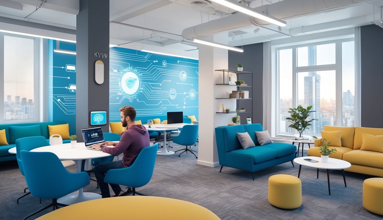 A digital nomad working in a modern co-working space in Kyiv, surrounded by high-speed internet, comfortable seating, and modern amenities