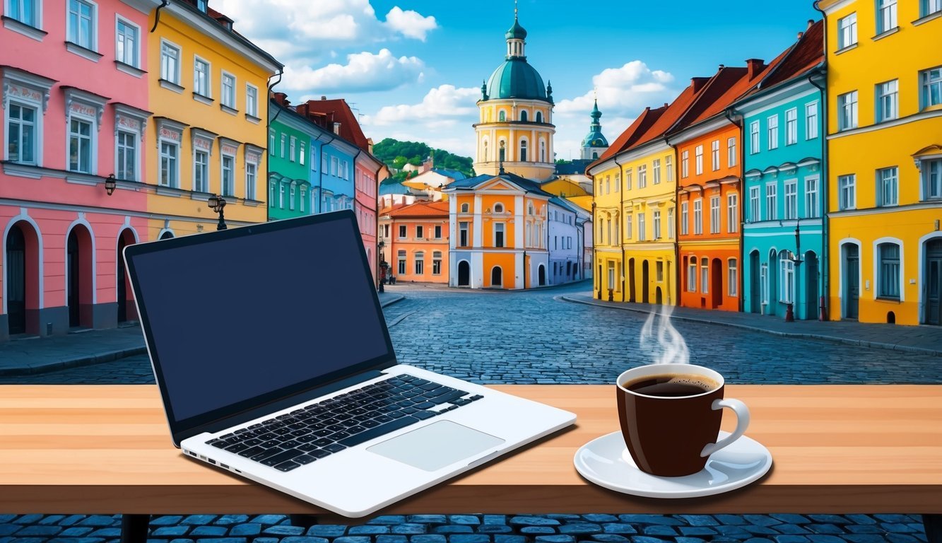 A laptop and coffee on a table with a view of Lviv's colorful buildings and cobblestone streets