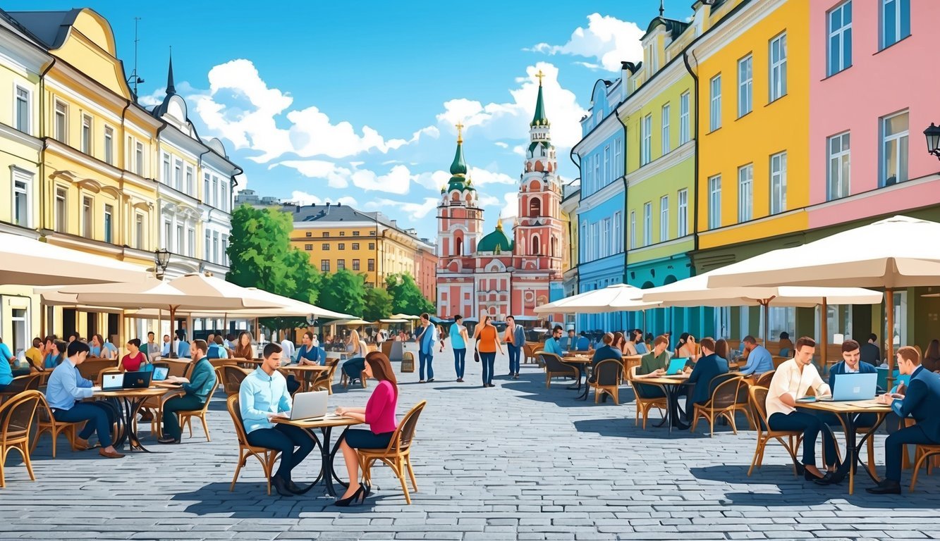A bustling city square in Kyiv, Ukraine, with people working on laptops at outdoor cafes, exchanging ideas and networking.</p><p>Tall buildings and colorful architecture surround the scene