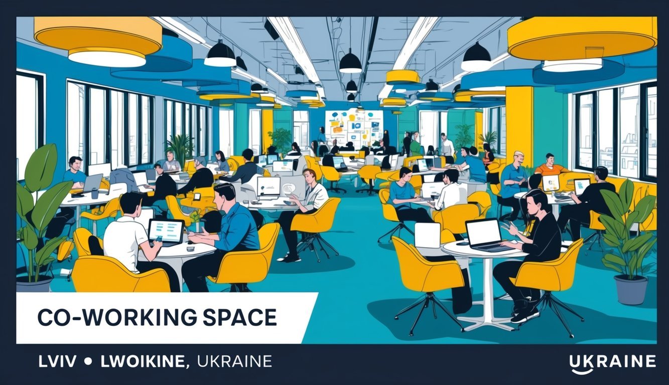 A bustling co-working space in Lviv, Ukraine, filled with digital nomads networking and collaborating in a vibrant community atmosphere