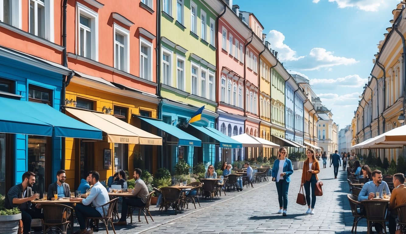 A bustling Kyiv street lined with colorful buildings and outdoor cafes, with locals and digital nomads enjoying the vibrant city atmosphere