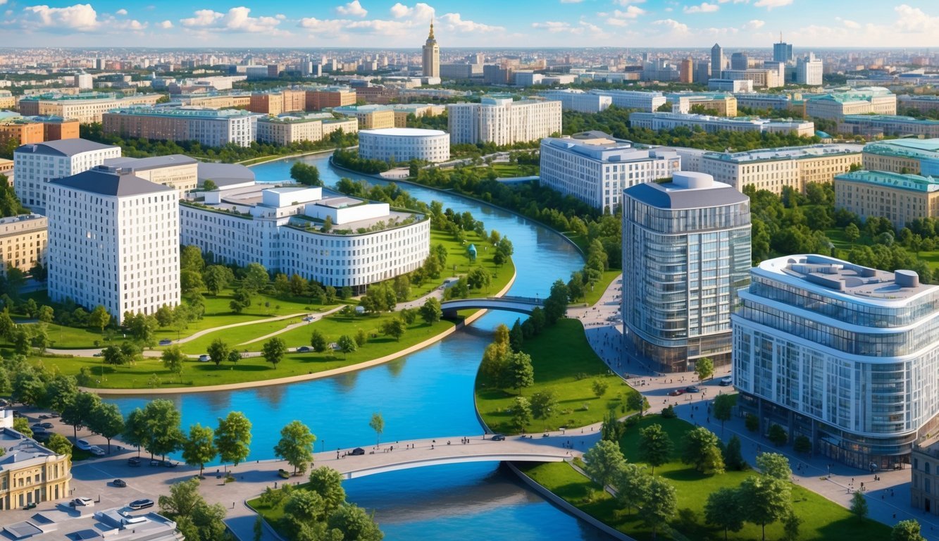 A bustling cityscape with modern buildings, green parks, and a river flowing through the center, showcasing a vibrant and safe environment for digital nomads in Kyiv, Ukraine