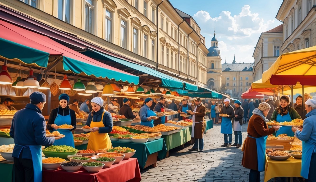 A bustling outdoor market in Lviv, Ukraine, filled with colorful food stalls and locals sampling traditional dishes