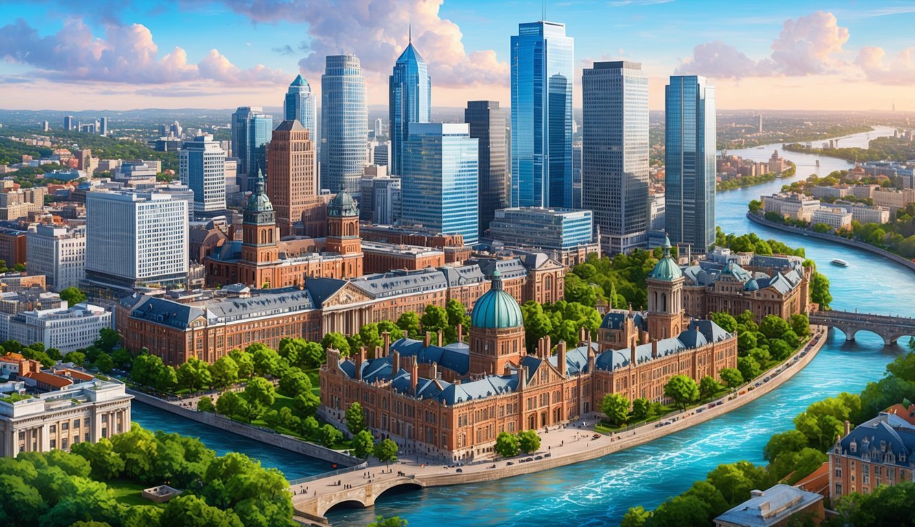 A bustling cityscape with modern skyscrapers and historic architecture, surrounded by lush greenery and a flowing river