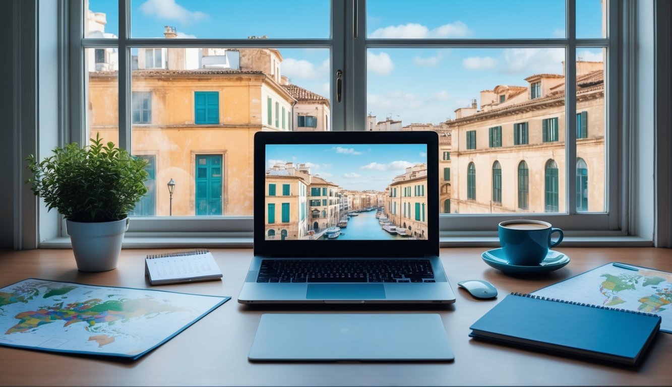 A laptop open on a desk, surrounded by maps, a calendar, and a cup of coffee.</p><p>Cityscape with old buildings visible through the window