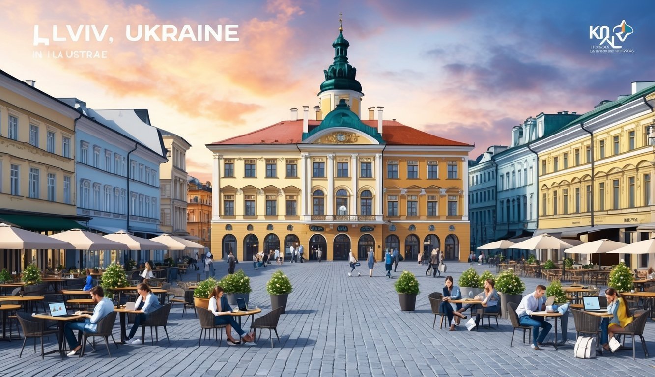 A bustling city square in Lviv, Ukraine, with a mix of modern and historic buildings, cafes, and people working on laptops